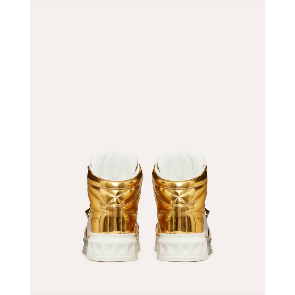 NEW VALENTINO men's stud mirror effect synthetic fiber mid-top sneakers in gold - Picture 3 of 6